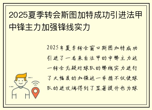 2025夏季转会斯图加特成功引进法甲中锋主力加强锋线实力