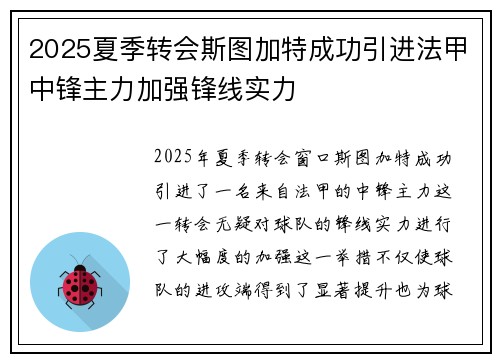 2025夏季转会斯图加特成功引进法甲中锋主力加强锋线实力 2025夏季转会斯图加特成功引进法甲中锋主力加强锋线实力